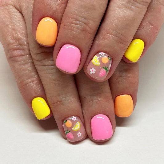 Short Square Press on Nails - Pink Yellow Fake Nails with Fruit Lemon & Strawberry Design, Spring Summer Full Cover Stick on Nails for Women Manicure 24 Pcs