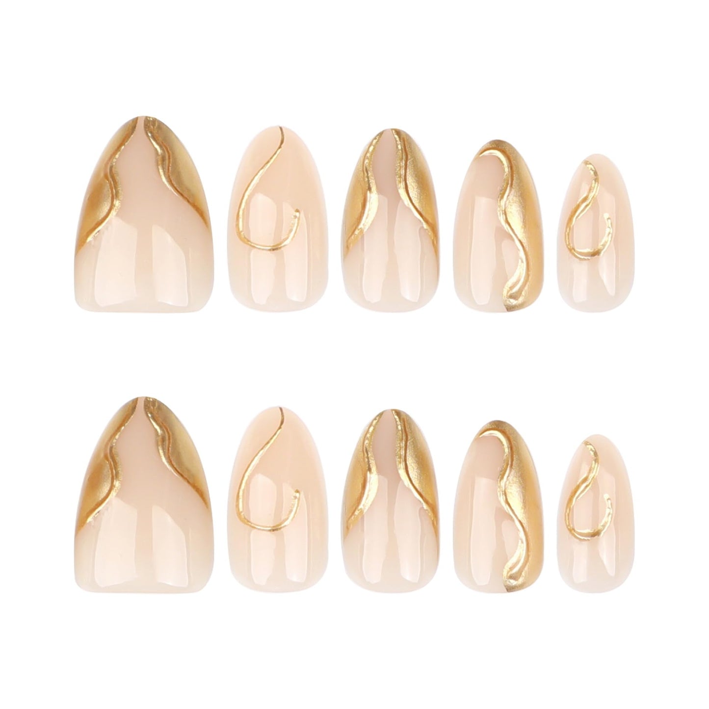 Almond Press On Nails Short Fake Nails Nude False Nails With 3D Gold Irregular Design Full Cover Acrylic Glue On Nail Glossy Stick On Nail Kit For Women DIY Manicure 24 Pcs