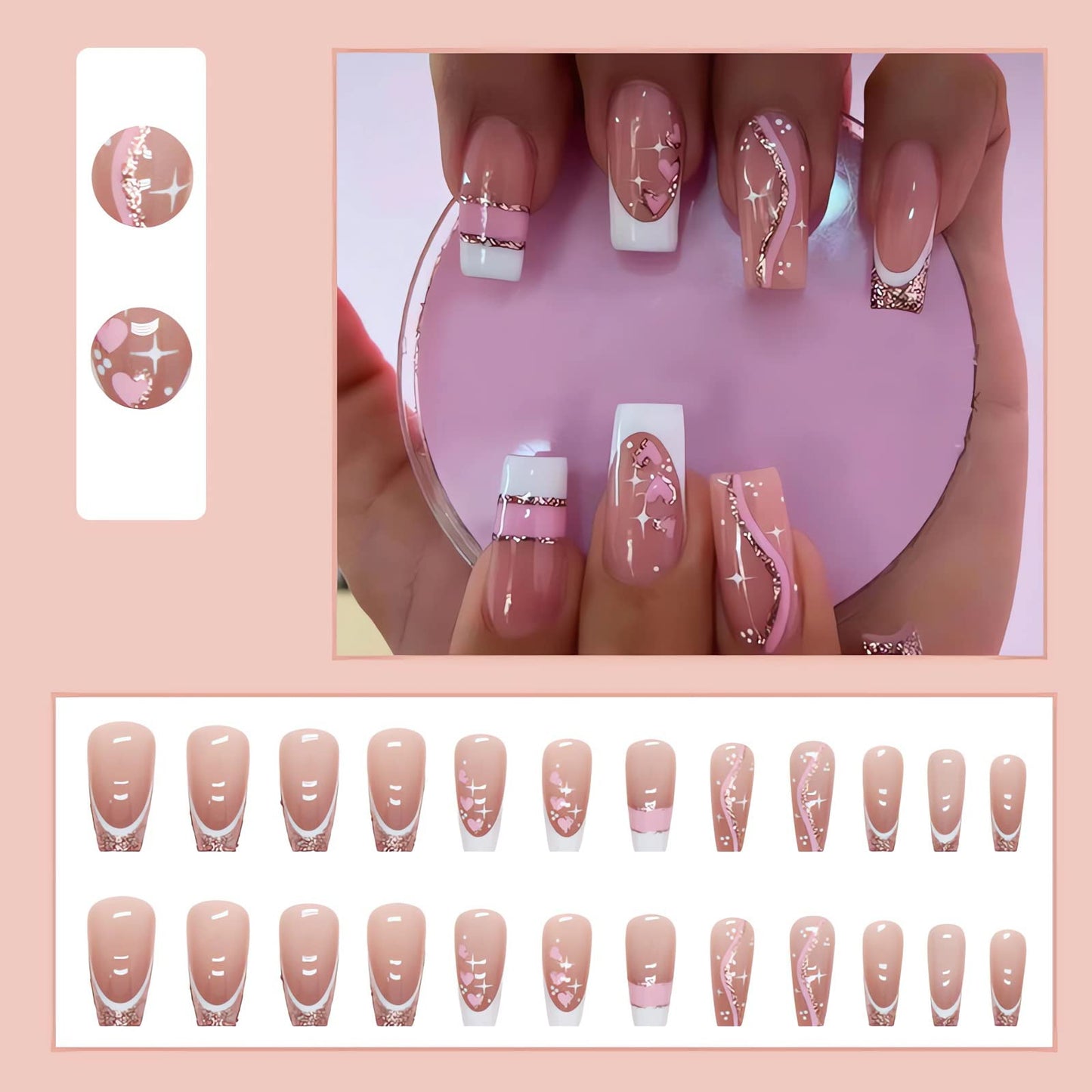 IMSOHOT Press on Nails Long Coffin Fake Nails French Acrylic Glue on Nails Glossy Full Cover Glitter Pink Heart False Nails for Women Girls 24Pcs