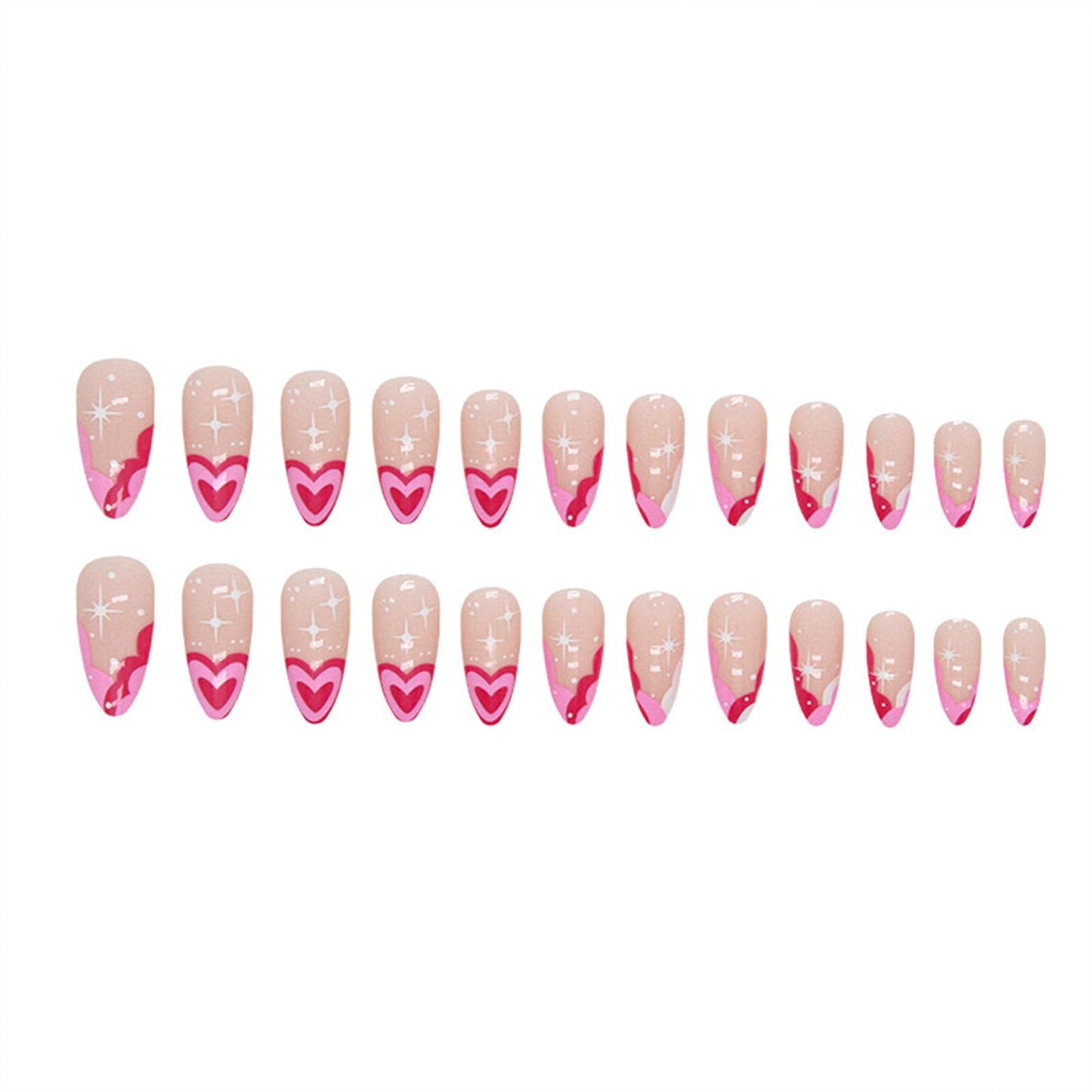 French Tip Press on Nails Pink Heart Fake Nails Medium Almond False Nails with Designs Star Pink Heart Glue on Nails Nude Full Cover Glossy Acrylic Nails for Women Girls 24 Pcs