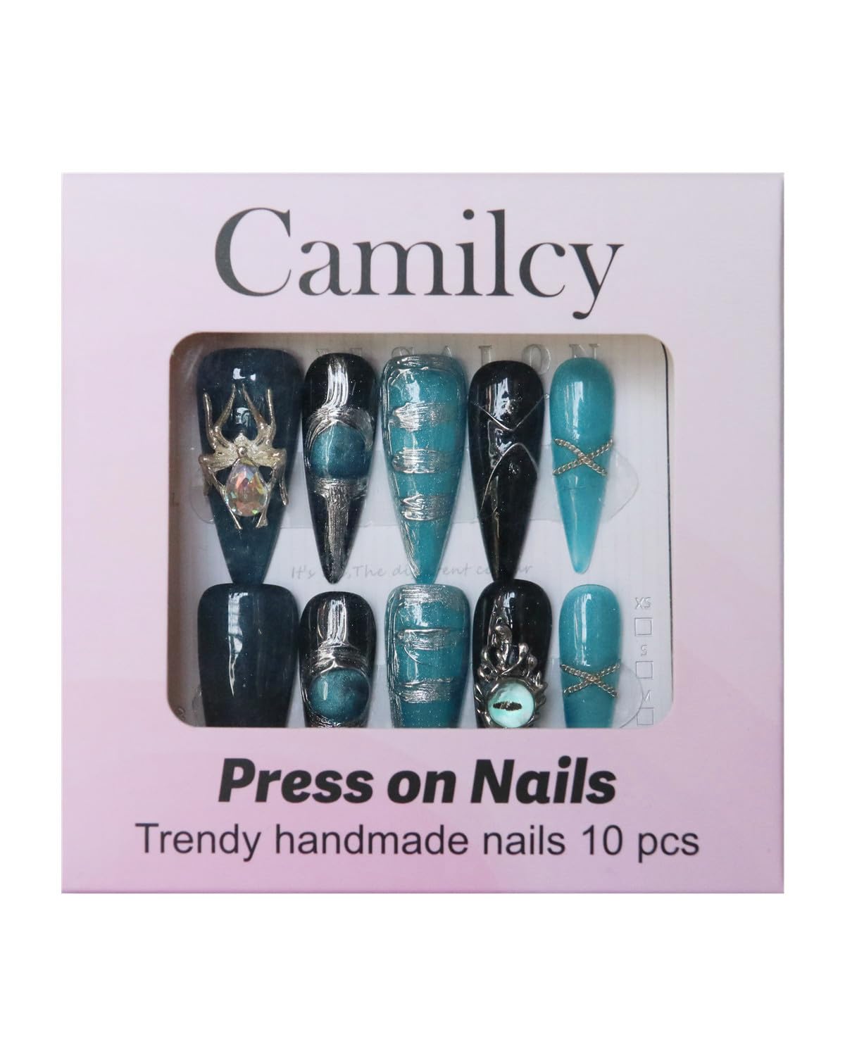 CAMILCY Press on Nails Handmade Nails Luxury Reusable Fake Nails For Girls long Almond Armor Tip Black Blue Diamonds HandPainted Salon Loveful Design Acrylic GelUV Finished 3D Nails 10PCS(A005, M)