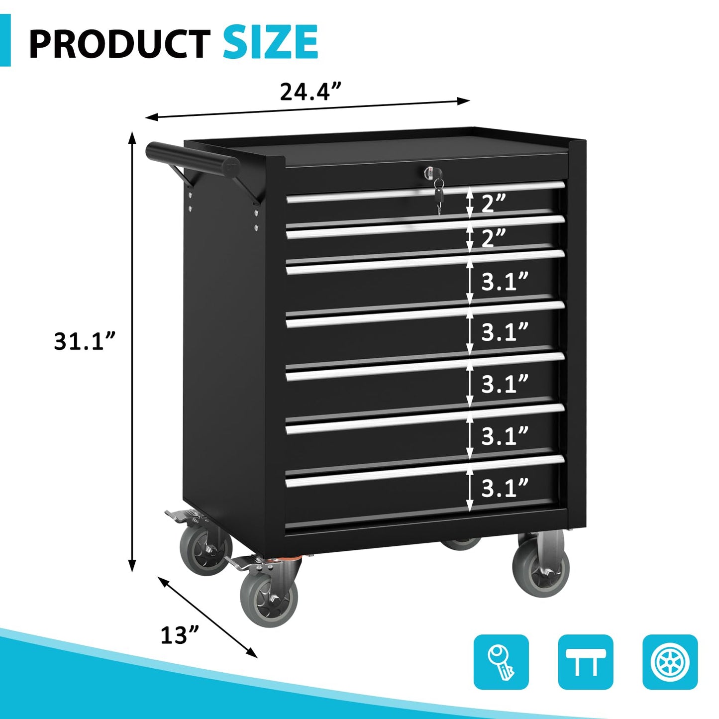 SGHATAJ 7 Drawers Metal Rolling Tool Chest, Portable Storage Rolling Tool Box, Toolbox on Wheels for Warehouse, Garage, Repair Shop and Tool Room (Black, 7-Drawer)