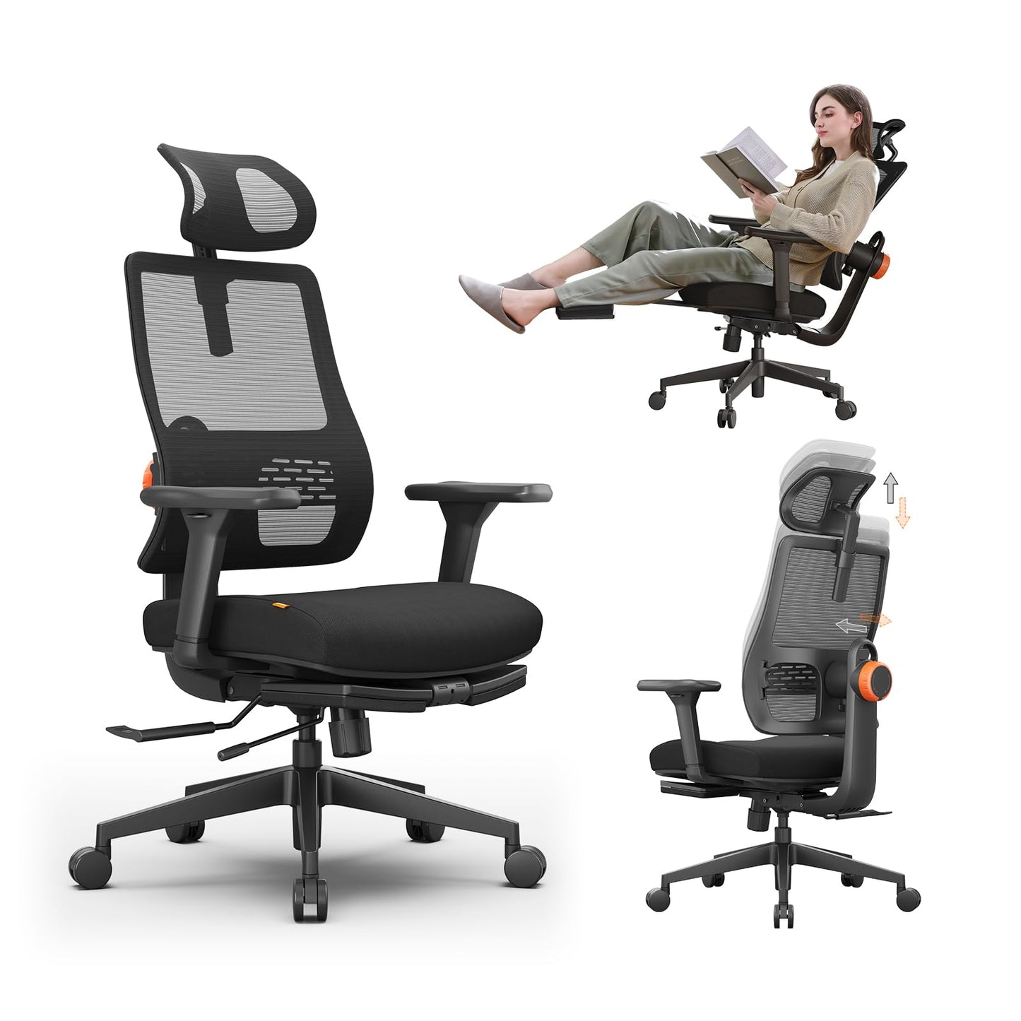 Newtral Ergonomic Office Chair with Footrest, Auto-Adjusting Lumbar Support, 4D Armrests & High Back - Adjustable Seat Depth, Height & 136° Tilt for Home Office & Gaming