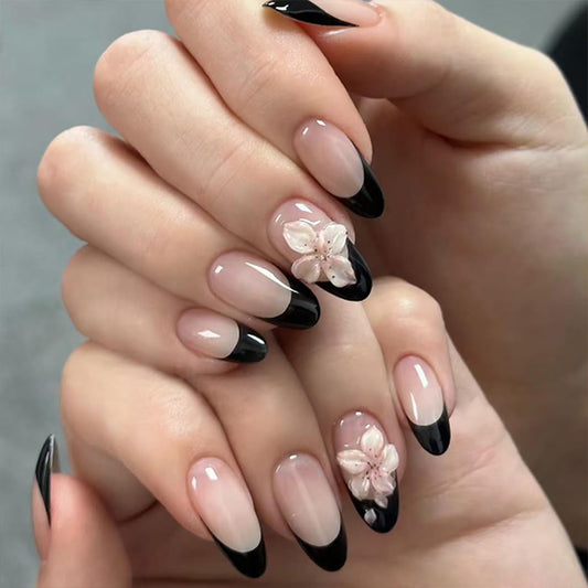 Black French Tip Almond Press On Nails with Glue, Glossy Acrylic Fake Nails with 3D Flower Accent, Medium Stick On False Nails for Women, Reusable Artificial Nails, 24 Pieces Set