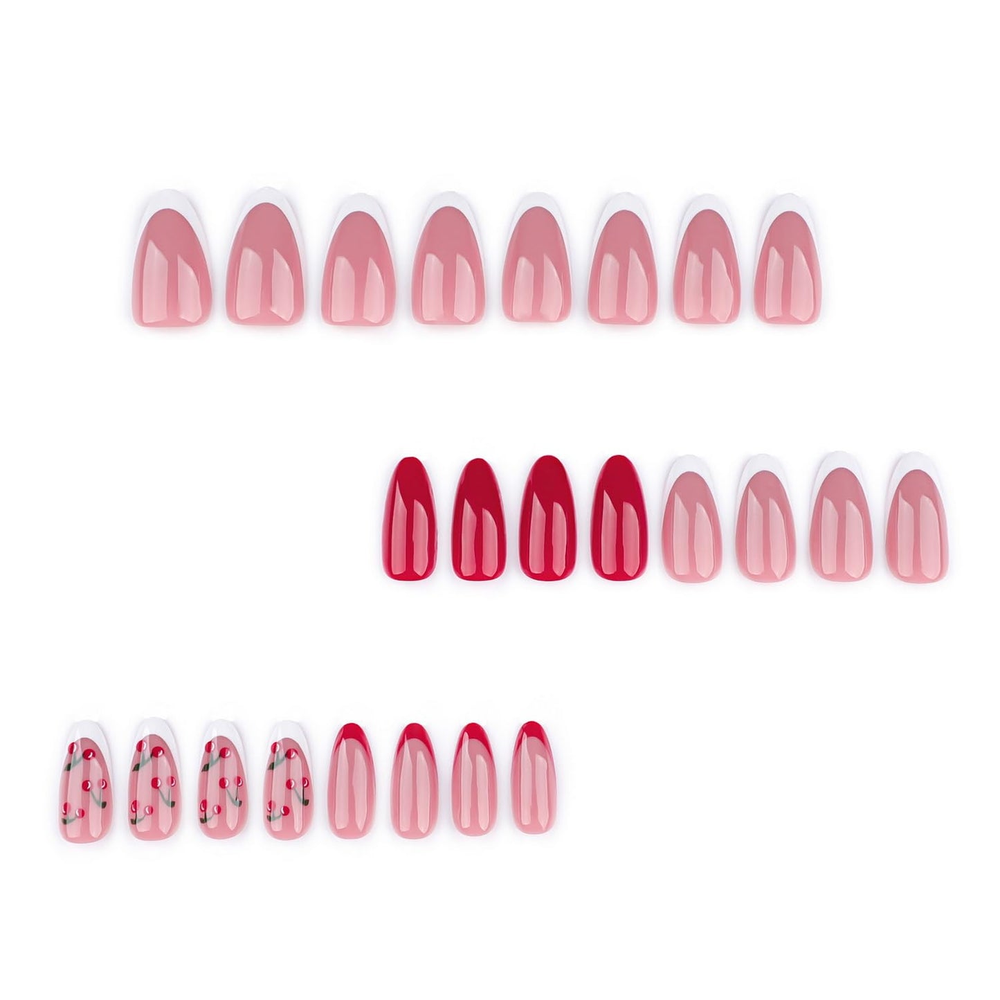 Almond Press on Nails Short Fake Nails with Cherry designs Stick on Nails Glossy Nude False Nails Full Cover White Red French Tip Acrylic Nails Gel Glue on Nails for Women Girls DIY Manicure24pcs