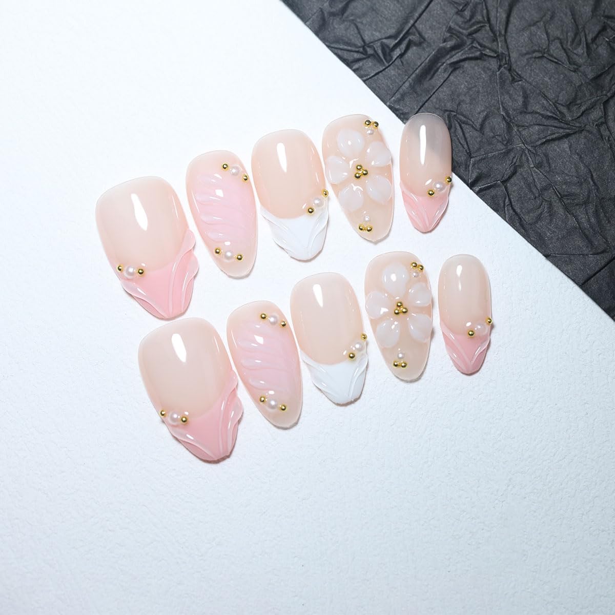 10PCS Luxury Handmade Press On Nails Nude Gradient Cat's Eye with Pearl Bow & Sparkling Rhinestones for Wedding & Party Reusable Almond Fake Nails Design Gift For Women and Girls (PZ03, XS)