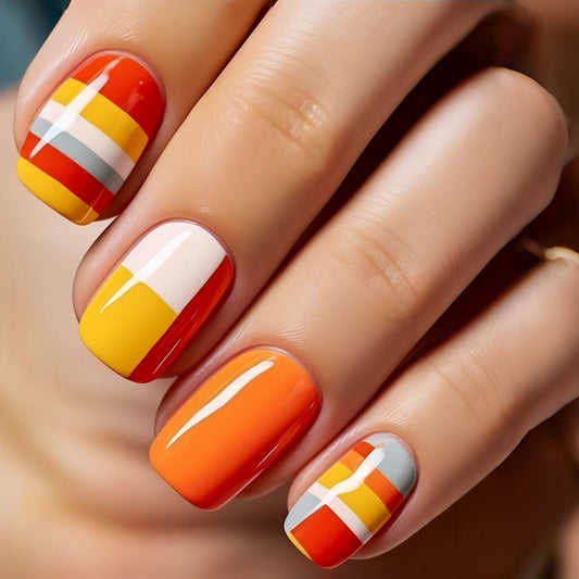 Vopintpy Orange Stripe Press on Nails Medium Square Fake Nails with Design Glossy Acrylic Glue on Nail Reusable Full Cover Artificial Stick on Nail for Women DIY Manicure