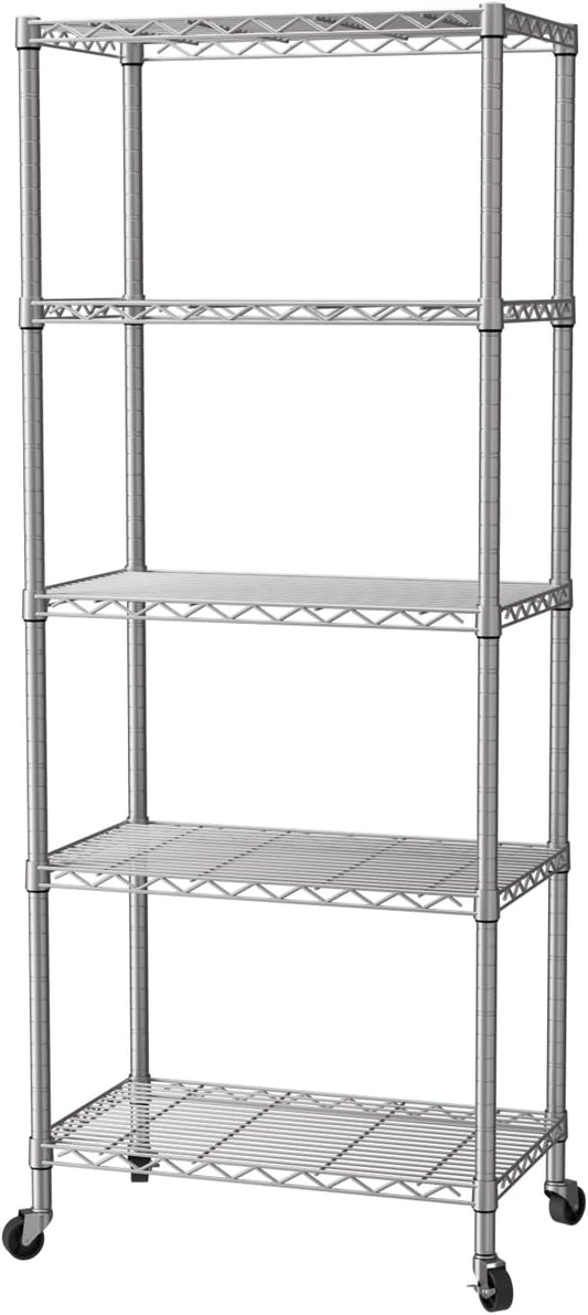 SINGAYE 5 Shelf Storage Wire Shelves Closet Bathroom Organizers Metal Pantry Kitchen Garage Shelving Unit Laundry Room Organization Home Narrow Rack Net Basket with Wheels Silver