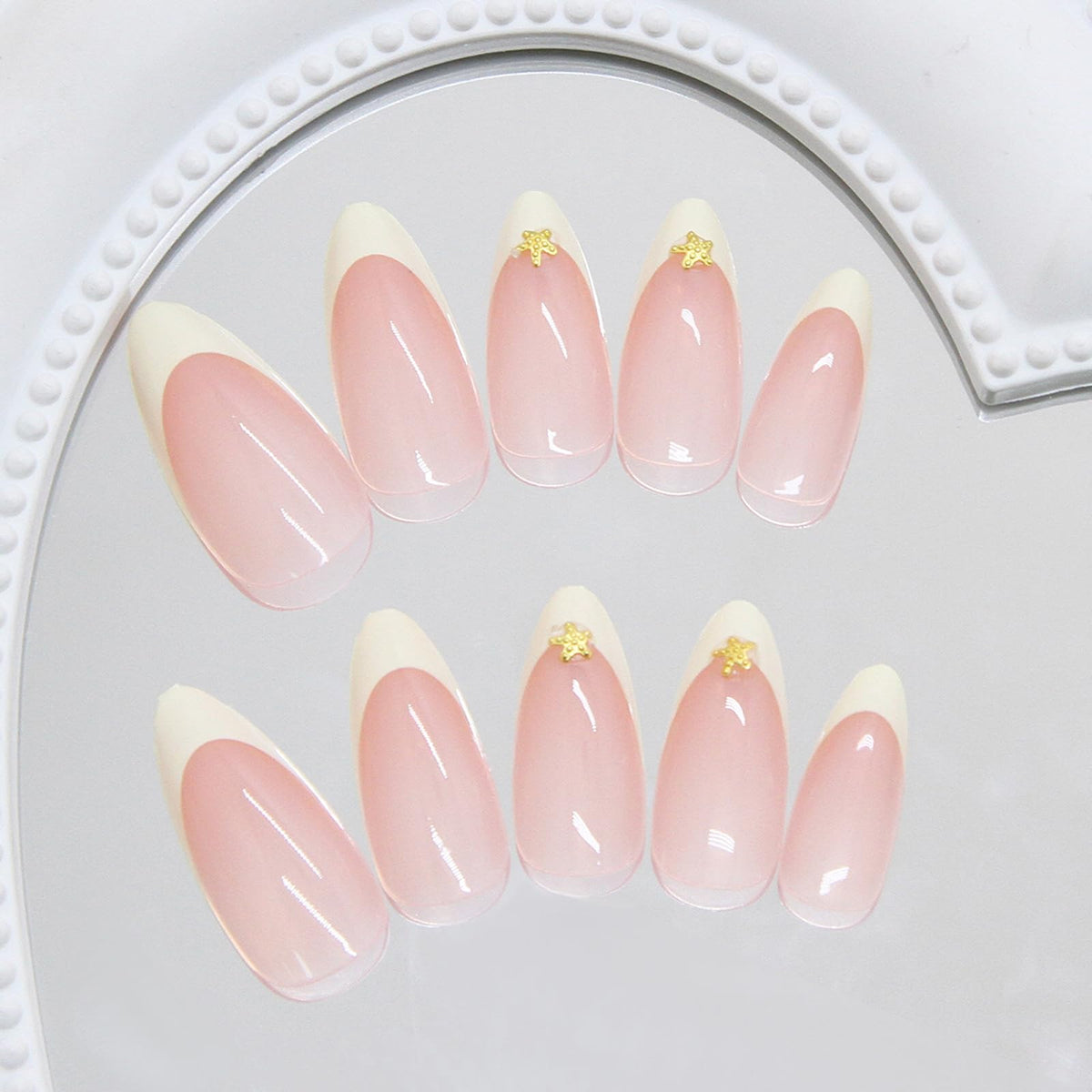 IMSOHOT Press on Nails Long Stiletto Fake Nails with Golden Star Charms Designs Yellow French Tip Glossy Acrylic False Nails Full Cover Gel Almond Nail Supplies