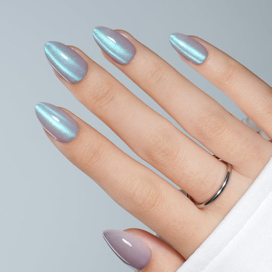 Cat Eye Press On Nails Almond - Moonlit Ash Short Almond Fake Nails, Short Cateye Press On Nails Reusable Stick On Nails in 16 Sizes, 32pcs False Nail Kit for Women & Girls (Moonlit Ash)