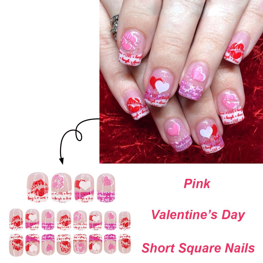24Pcs Valentine's Day Press On Nails Short CEWEWP Square Fake Nails with Letter Heart Red Lips False Nail Full Cover Artificial Glue on Nail Valentines French Tip Stick on Nails for Women DIY