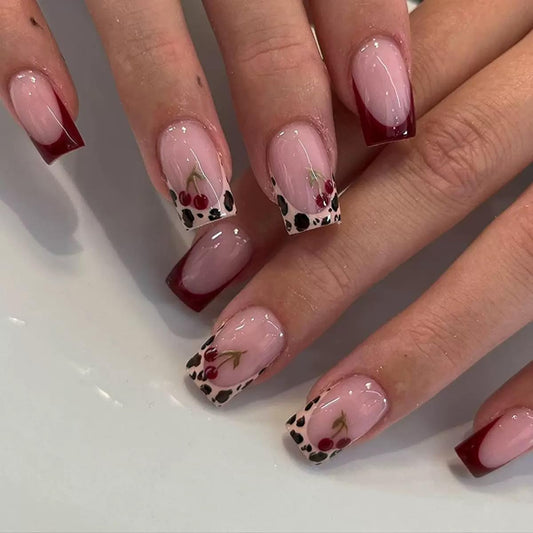 Square Press on Nails Short - French Tip Fake Nails with Leopard Print Cherry Design - Winter Nails Press ons - for Women 24 Pcs
