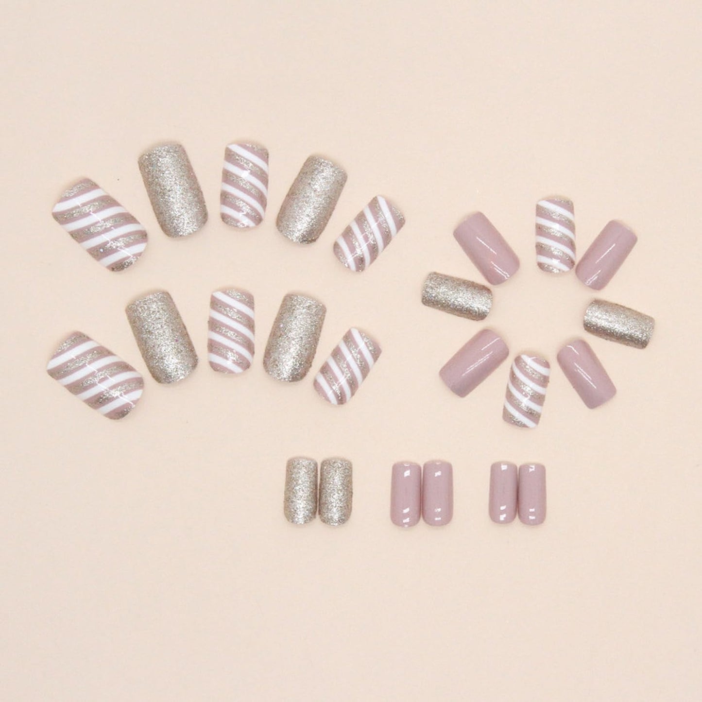 Christmas Press on Nails Medium Length Fake Nails Pink Acrylic Nails with Stripe designs Glitter Winter Christmas Glossy Nails Xmas Winter Glue on Nails for Women Girls Art Nail 24pcs