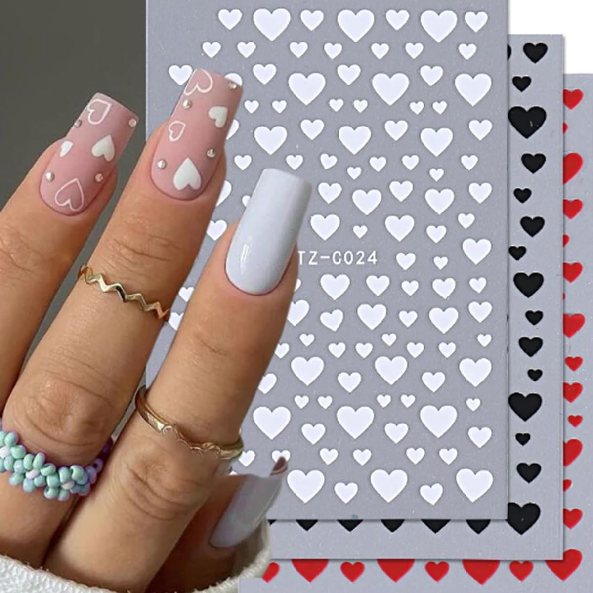 6PCS Valentine's Day Heart Nail Stickers - Love Art Supplies, 3D Self-Adhesive Decals, Black Red White Gold Design DIY Manicure Decor for Women