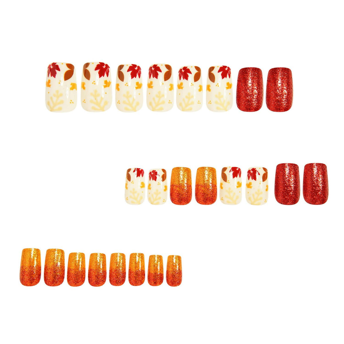 Fall Press on Nails Short Square Fake Nails Maple Leaves designs Stick on Nails Gold Glitter Acrylic Nails Thanksgiving False Nails Glossy Full Cover Autumn Glue on Nails for Women Girls Art Manicure