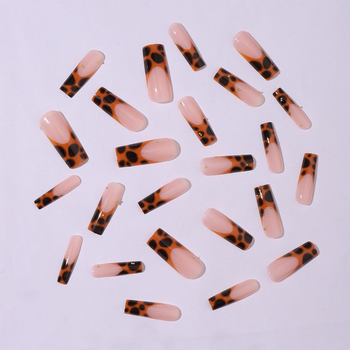 IMRAIN Brown Press on Nails Long Square Fake Nails Leopard Print French Tips False Nails with Golden Bead Designs Glossy Fall Full Cover Stick on Nails for Women Nail Art Manicure