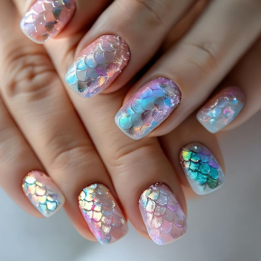 Summer Press on Nails Short Square Fake Nails Designs 3D Fish Scale False Nails Iridescent Finish with Gradient Colors Full Cover Glossy for Women Girls Daily Wear Manicure Decoration 24Pcs