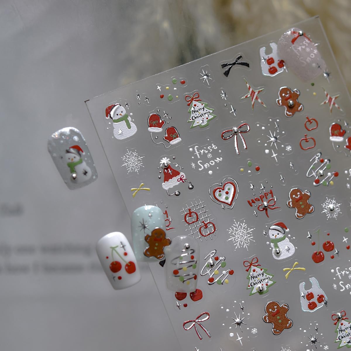 Christmas Nail Stickers for Nail Art Santa Hat Gloves Snowman Snowflake Gingerbread Cherry Bow Nail Decals Xmas Stickers for Nails Design 3D Self Adhesive Nail Art Decorations for Women Girls 1 Sheet
