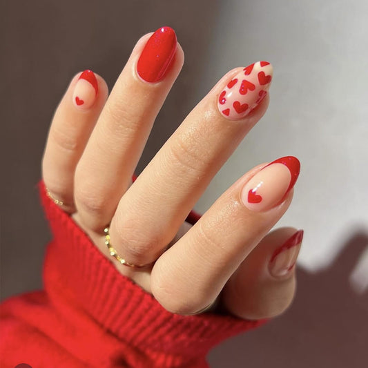 24 Pcs Valentine's Press on Nails Short Almond Set, Red French Tip Fake Nails with Glitter Love Design Glossy Rose Red Stick on Nails Heart-shaped False Nails for Women DIY Manicure Decoration