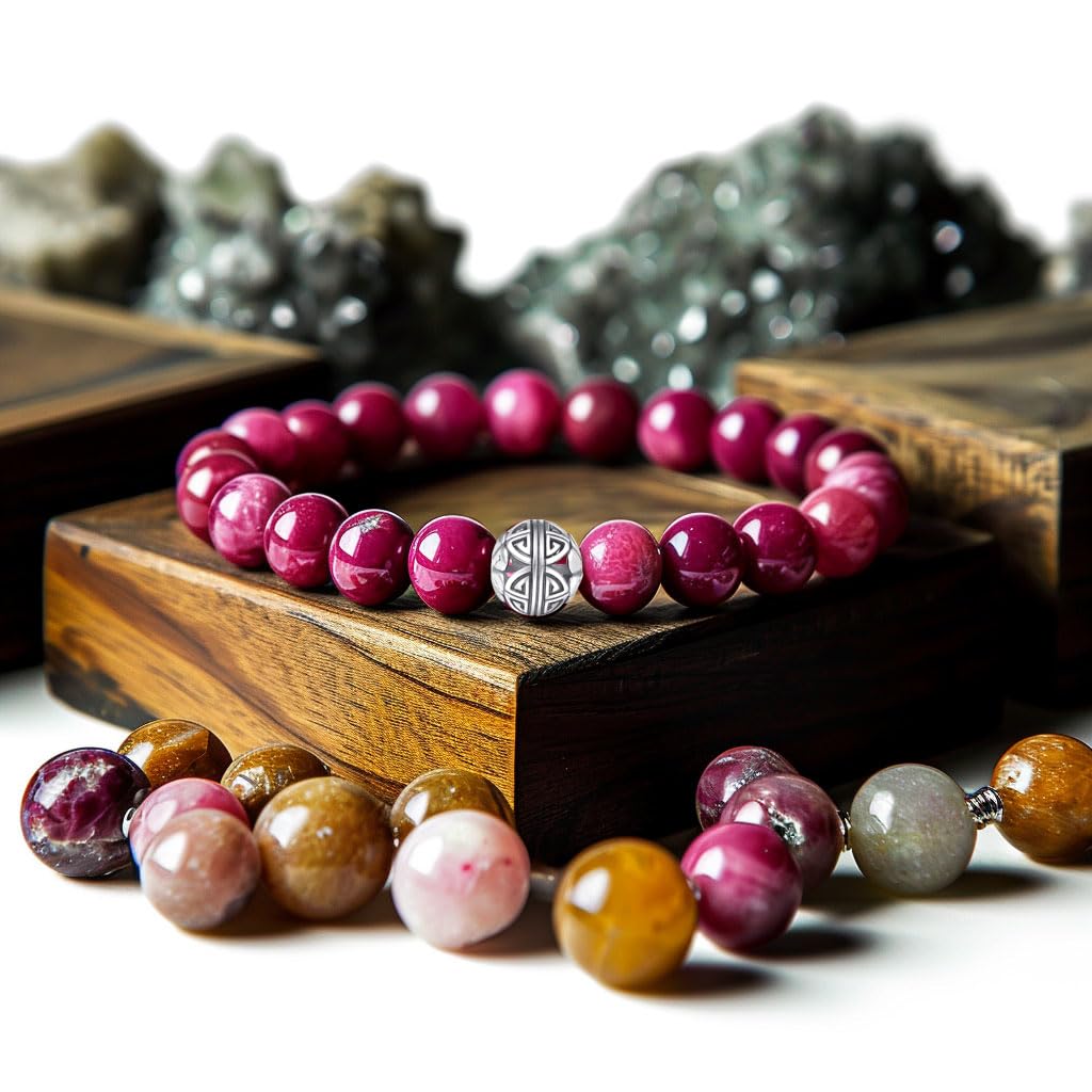 MetJakt Healing Crystals Beaded Bracelets for Womens Natural Gemstone 8mm Beads Stretch Bracelets with 925 Sterling Silver Double Happiness Pendant (Red Tiger Eye)