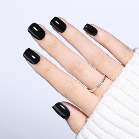 Black Press On Nails Square - Short Square Goth Fake Nails with Nail Glue, Solid Black Press On Nails Reusable Gothic Stick On Nails in 15 Sizes - 30 Nail Kit for Women & Girls | Salon Quality