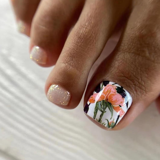 Press on Toenails with Flower Designs, Artificial Nude Fake Nails for Toe, Full Cover Glossy Coffin Acrylic False Nails, Glue on Toenails with Charm, Stick on Toe Nails for Women Girls(F110)