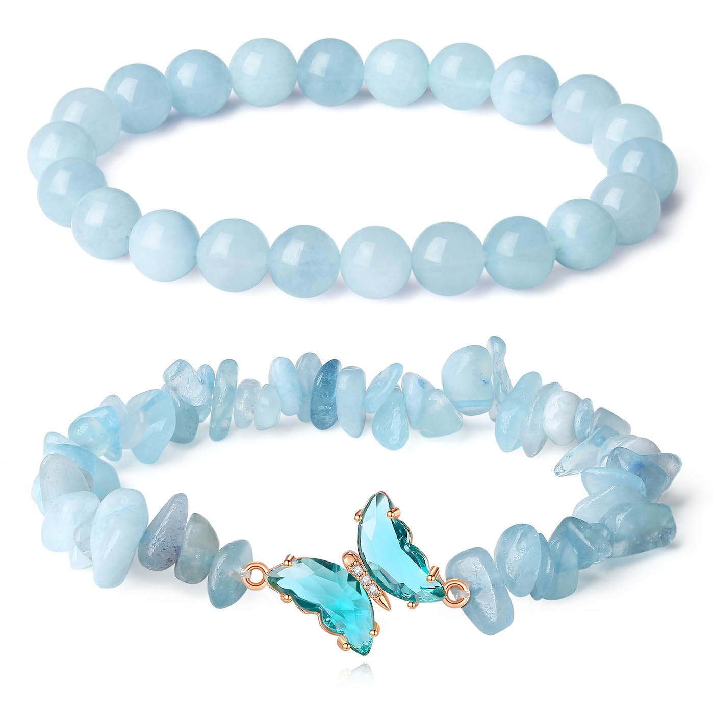 DUQGUHO 2PCS Aquamarine Bracelets Blue Bracelet for Women Natural Aquamarine Crystals Jewelry 8mm Butterfly Bracelet Gifts for Women