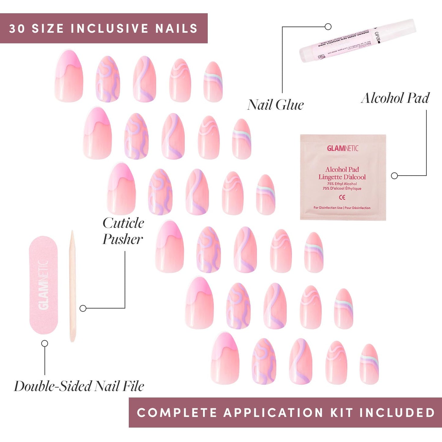 Glamnetic Press-On Nails Bundle - Wild Card & Blushing Aura | Short Almond Fake Nails with Trendy Pastel Prints | Glossy Short Almond False Nails with Trendy Pink Ombre | Reusable, Salon-Quality Nail
