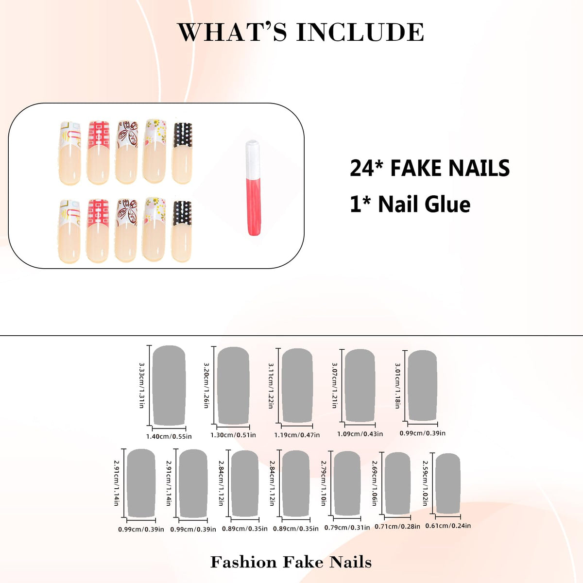 IMRAIN Long Press on Nails Square Fake Nails Artificial Acrylic French False Nails with Butterfly, Flower, Polka Dot Designs Full Cover Stick on Nails for Women 24Pcs