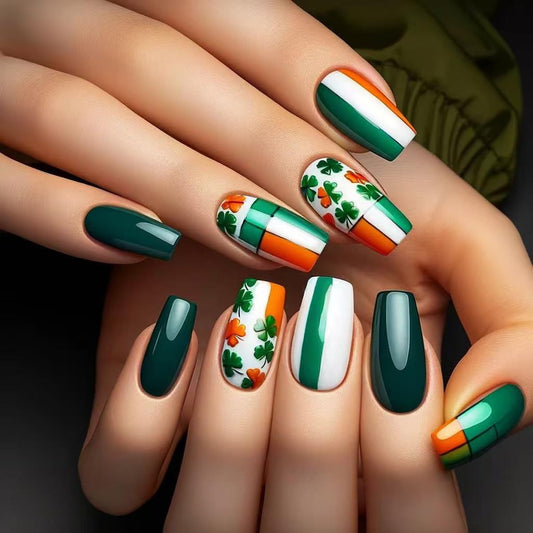 Square Fake Nails Irish Flag Clover False Nails with Flag Full Cover Stick on Nails Designs Glue on Nail for Women Girls DIY Manicure decoration