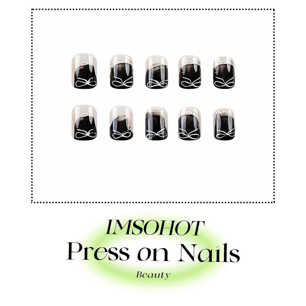 IMSOHOT Press on Nails Short Square Fake Nails Black French False Nails Artificial Full Cover Silver Bow Glue on Nails for Women Nail Decoration