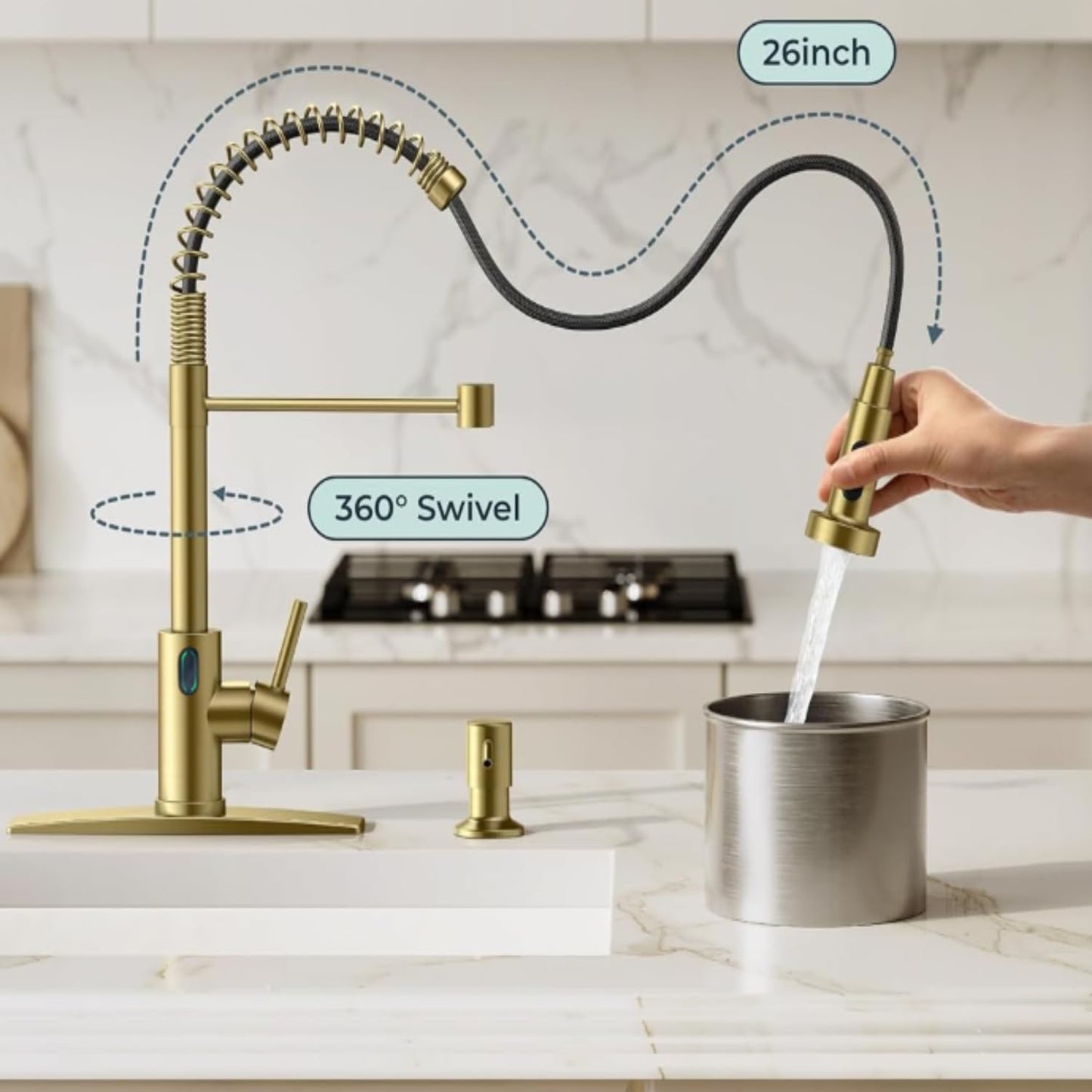 VIDEC Touch-Less Kitchen Faucet, 3 Modes Pull Down Sprayer, Sensor Activated, LED Temperature Control, 360-Degree Rotation, 1 or 3 Hole Deck Plate. 10-Year Warranty.(Matte Gold, KW-79J)