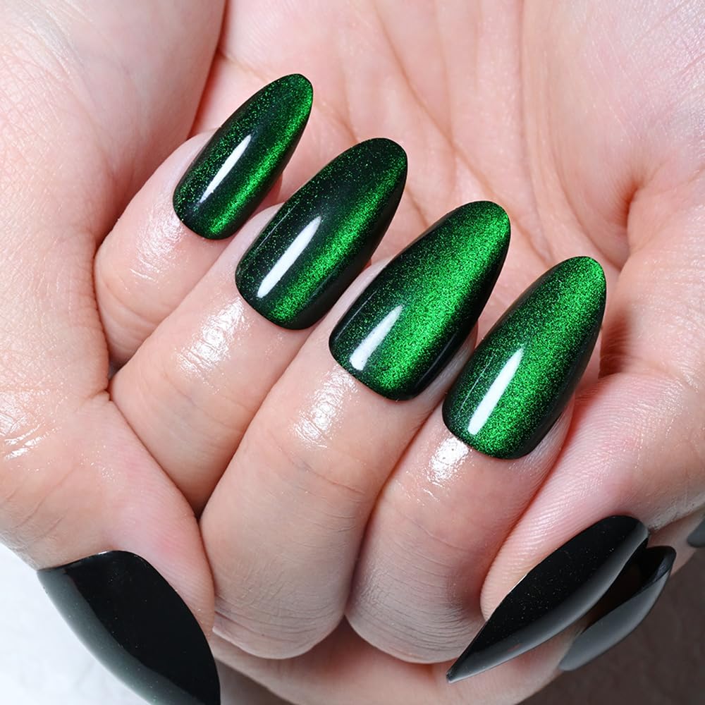 evpct Glitter Green Cat Eye Chrome Press on Nails Almond Medium No Glue, Holographic Medium Almond Stick on Fake Nails for Women Gift, Glossy Cateye Effect, Perfectly Fit Salon-quality Soft False Nail