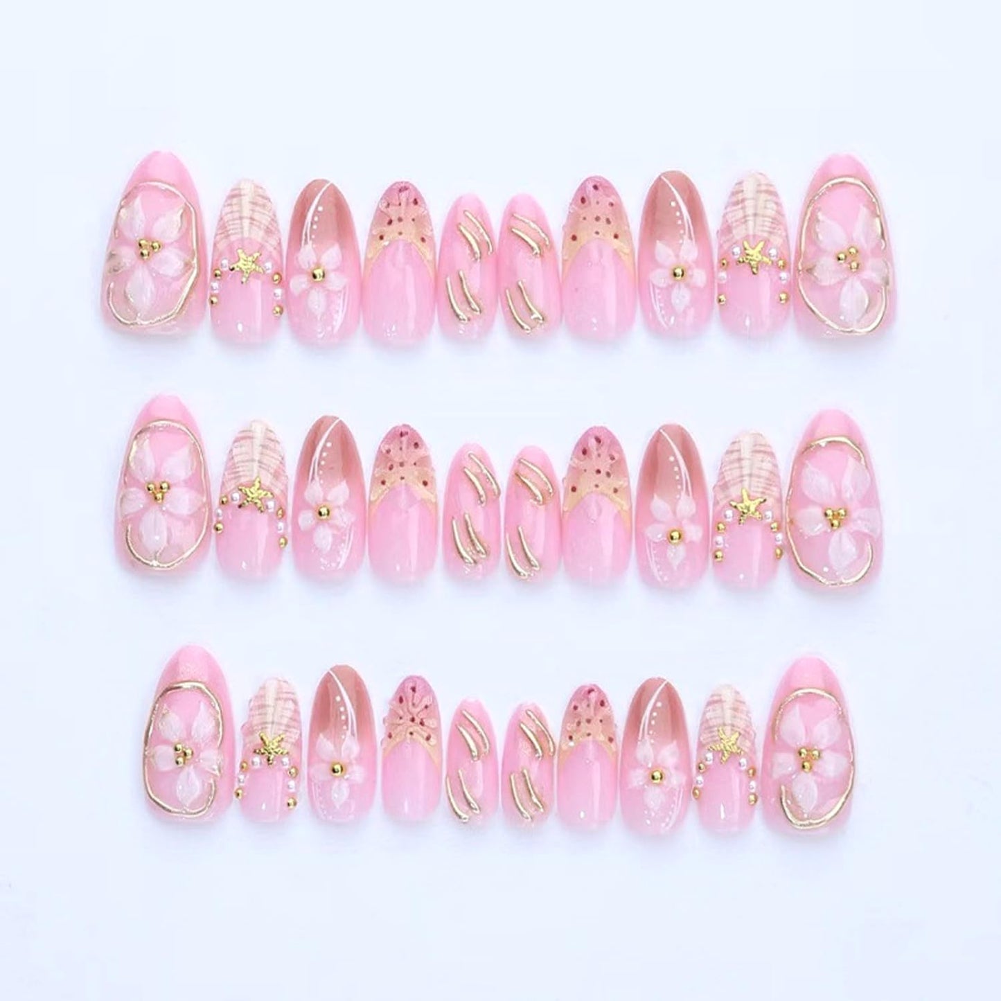 30Pcs French Tip Press on Nails Medium Almond Fake Nails 3D Gold Starfish Beads Charms Design Flower False Nails Pink Yellow Gradient French Nail Artificial Nails Cute Floral Acrylic Nail for Women