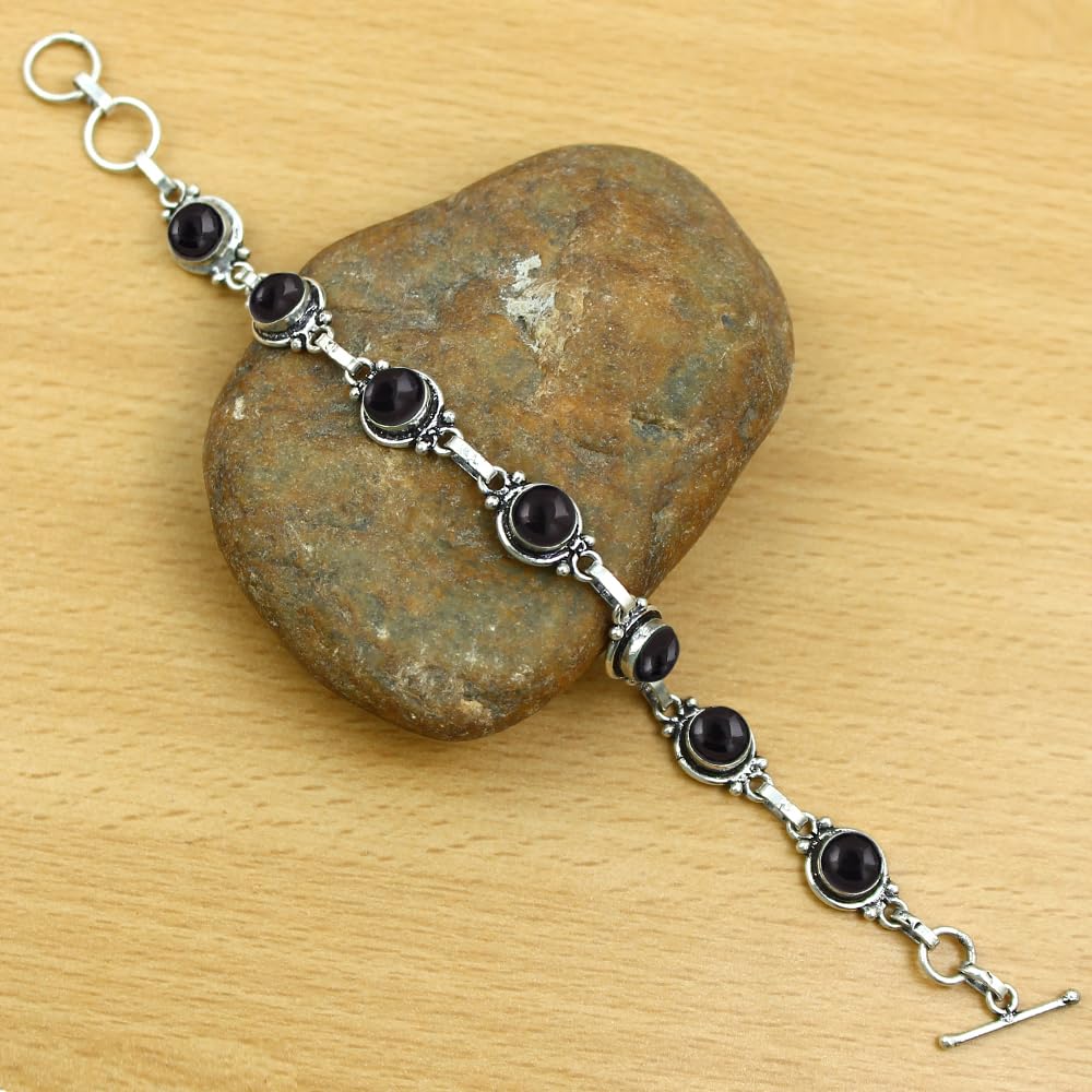 Natural Black Onyx 925 Silver Plated Adjustable Bracelet for Women - July Birthstone Round Gemstone Handmade Bohemian Link Bracelet - Wedding Christmas Valentine Day Gifts for Her