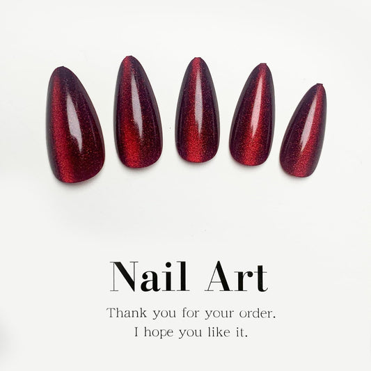 TOGZOM Red Almond Press on Nails Medium Cat Eye Fake Nails Glossy Shiny Acrylic Nails Ombre Glue on Nails Stiletto Artificial False Nails Wine Red Stick on Nails for Women Manicure 24Pcs, Style1