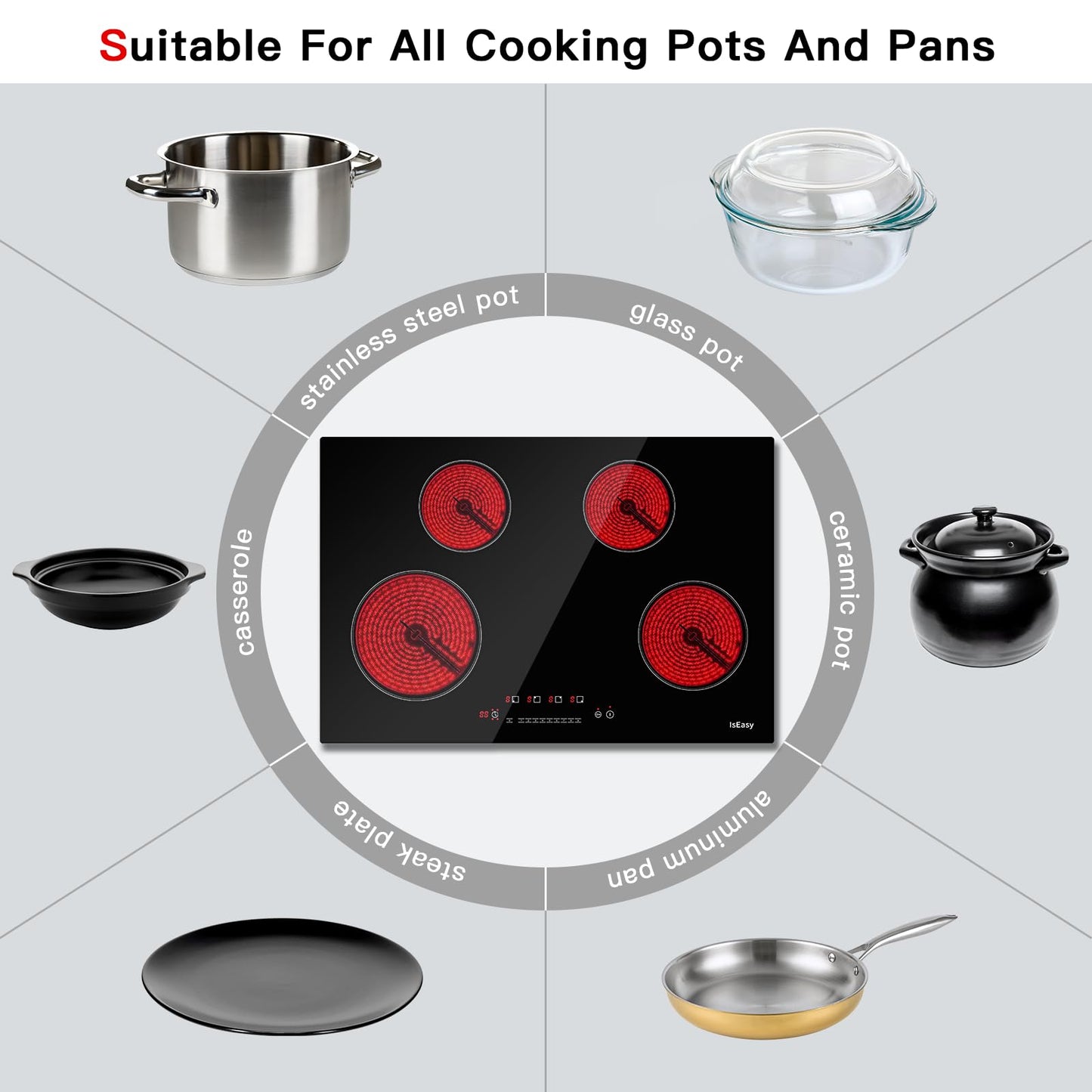 IsEasy 30-inch Induction Cooktop, 4 Burner Built-In Electric Cooktop, Drop-in Glass Cooker With Touch Control, 9 Power Levels, Child Safety Lock, Timer, 6800W