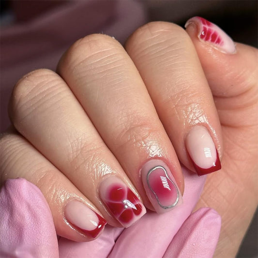 Mivota Short Square Press on Nails with Red Flower Designs Of Silver Lines Fake Nails Nude Acrylic Press ons Nails Full Cover Stick on Nails Reusable for Women Manicure Kit 24 Pcs