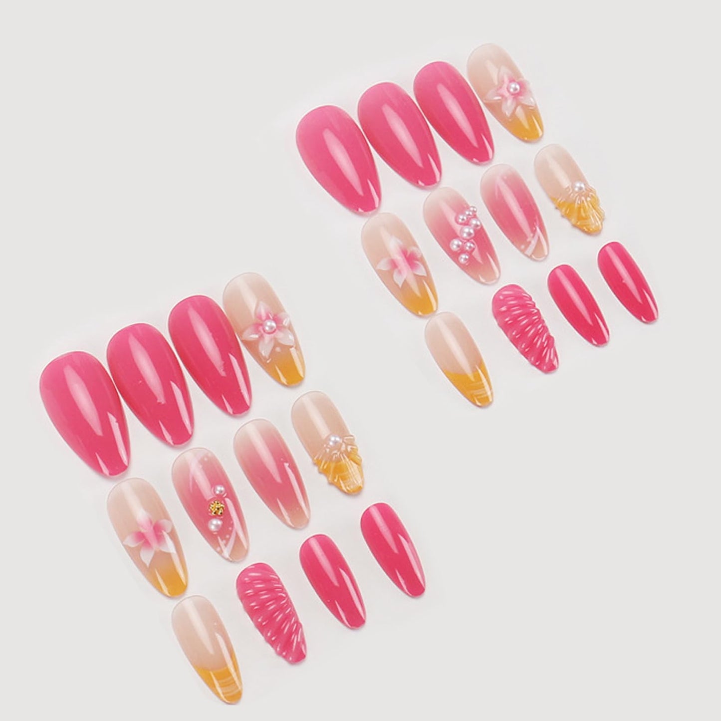 IMSOHOT Press on Nails Medium Almond Fake Nails Yellow Pink Gradient False Nails with 3D Flower Designs Full Cover Acrylic Gel Handmade Stick on Nails for Women Girls DIY Nail Manicure 24Pcs
