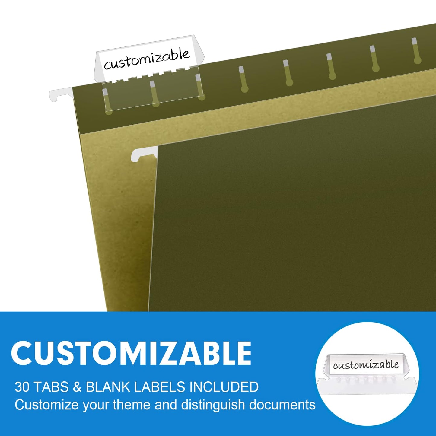 Extra Capacity Hanging File Folders, RAZCC 30 Pack Letter Size Reinforced Hanging Folders with Heavy Duty 1 Inch Expansion for Bulky Files, Filing Cabinet, Adjustable Tabs, Green