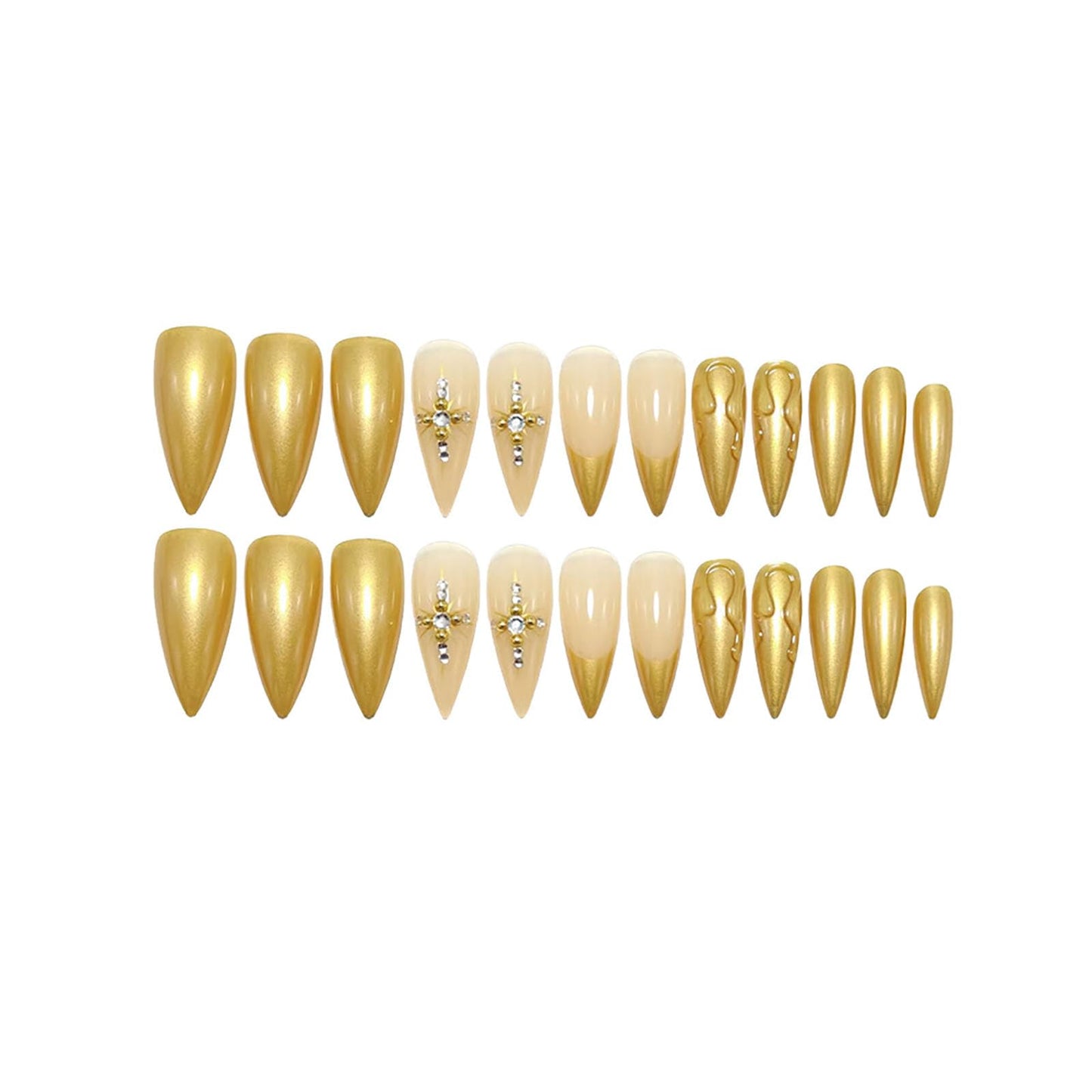 RUOKEXIN Long Stiletto Press on Nails French Tip Fake Nails Gold False Nails with Rhinestones Designs Almond Nail Press ons Sparkly Artificial Nails for Women 24Pcs