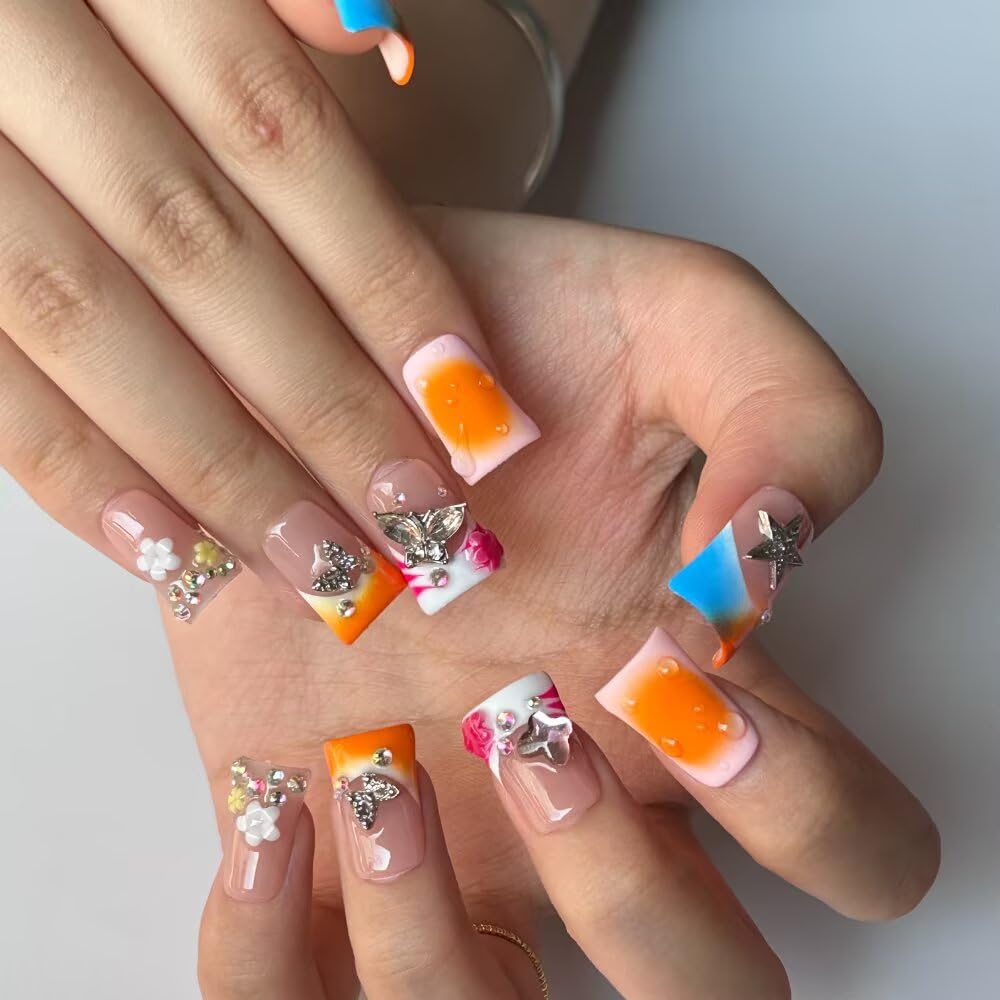 MXYIYANR Press On Nails - Handmade Nails Yellow Duck Nails for Women, French Pearl Tips Luxury Reusable Stick On Fake Nails, DIY Art Decorate with Nail File Kit (SIze S)