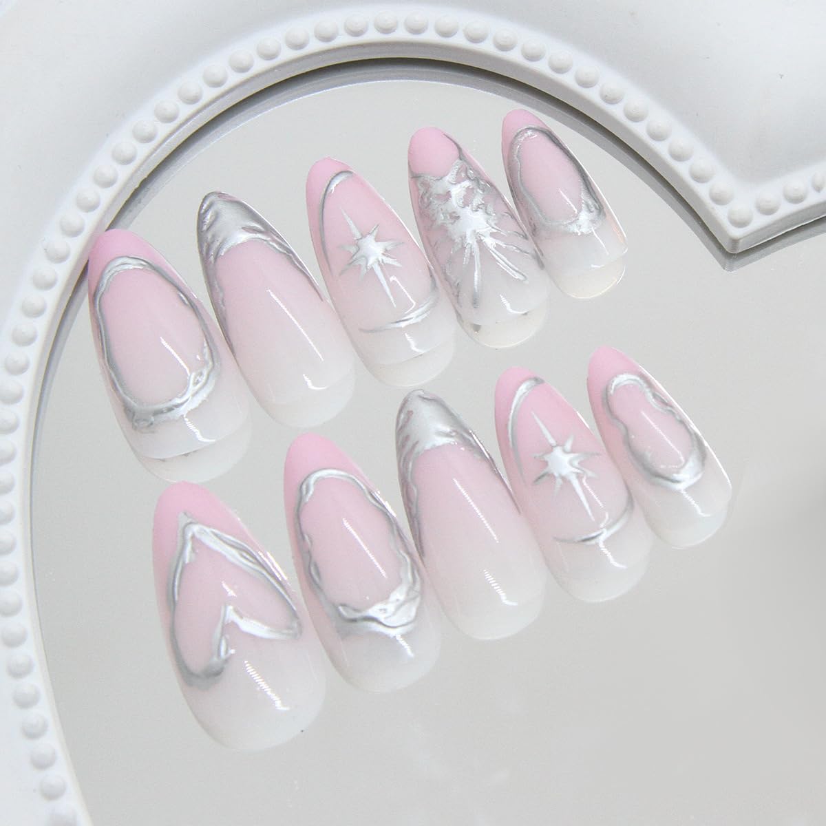 Mkwntg 24Pcs Ombre Press on Nails Medium Almond Fake Nails with Silver Chrome Design Star Heart Round Line Full Cover Acrylic Nails Pink White Gradient French Tip Stick on Nails for Women Manicure