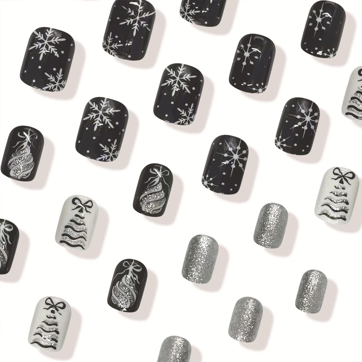 LWTZLW Christmas Press on Nails Christmas Tree Short Square False Nails Snowflake Glue on Nail Black Silver Glitter Design Acrylic Fake Nails Winter Artificial Glossy Nail Reusable for Women