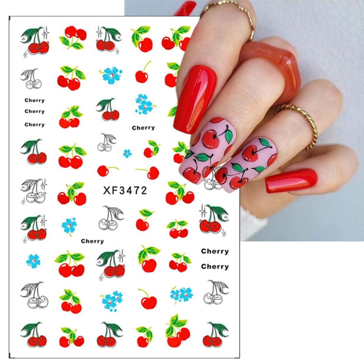 6Sheets Cherry Nail Art Stickers Decals Summer Fruit Nail Stickers 3D Self-Adhesive Strawberry Bow Nail Art Design Supplies Cute Fruits Rabbits Nail Decals for Women and Girls Acrylic Nails Decoration