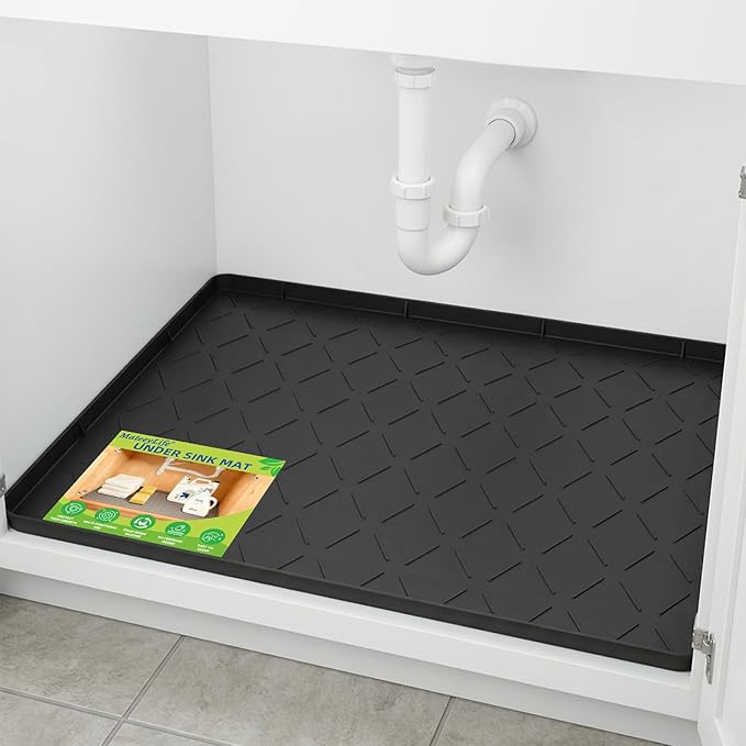 Mateeylife Under Sink Mats for Kitchen Waterproof 31"X22", Undersink Protectorsï¼Silicone Mat Cabinet Liner, Under Sink Organizer for Bathroom and Kitchenï¼Boot Tray Pet Food Mat, Classic Black