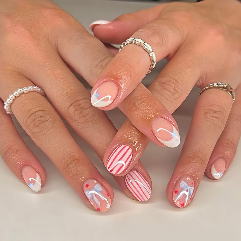 AWDSLUY 24Pcs Bow White French Tip Press on Nails Short Oval Fake Nails with Pink White Stripe Star Design Nude Pink Glossy False Nails Sweet Summer Blue Star Full Cover Stick on Nails for Women
