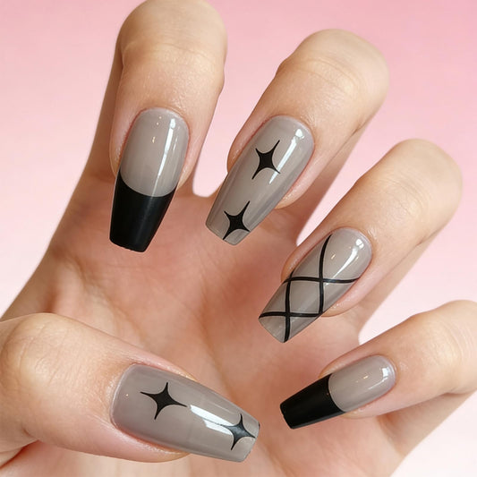 Grunge Star Press on Nails Glossy Gray Fake Nails Black French Tips False Nail Medium Coffin Lattice Pattern Stick on Artificial Fingernails for Daily Wear