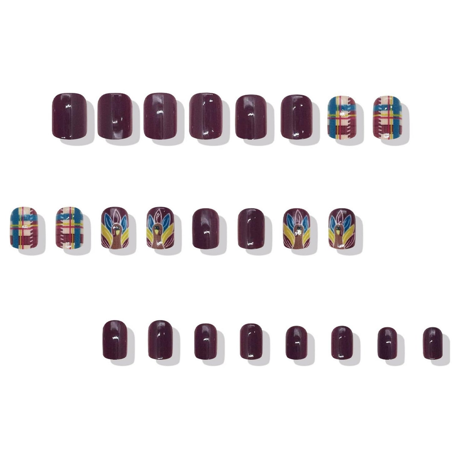 24pcs Thanksgiving Press on Nails Short Square Fake Nails Full Cover Brown False Nails with Stripe Grid designs Turkey Fall Glue on Nails Glossy Reusable Cute Acrylic Press ones for Women Girls Autumn