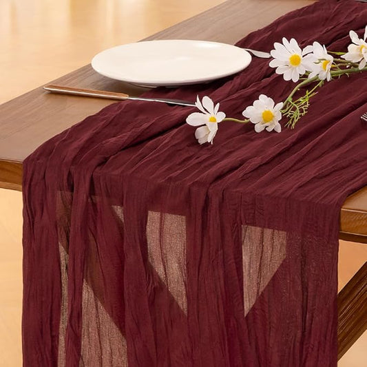 Socomi 3pcs Burgundy Red Summer Cheesecloth Table Runner Boho Rustic Gauze 120 inch 10FT Cheese Cloth Sheer Runner for Wedding Party Baby Shower Birthday Home Decor Holiday Decorations